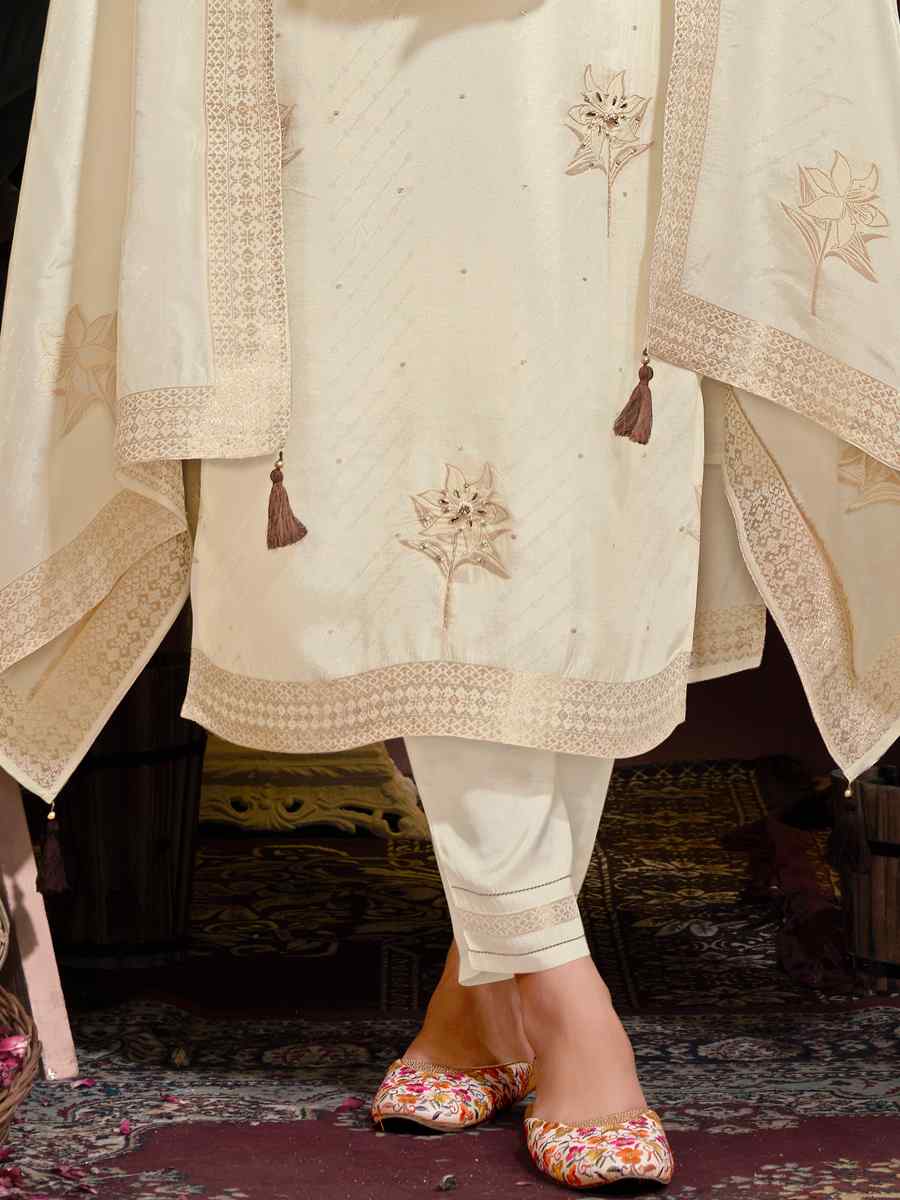 Cream Natural Viscose Embroidered Festival Mehendi Ready Pant Salwar Kameez