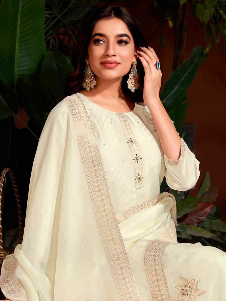 Cream Natural Viscose Embroidered Festival Mehendi Ready Pant Salwar Kameez