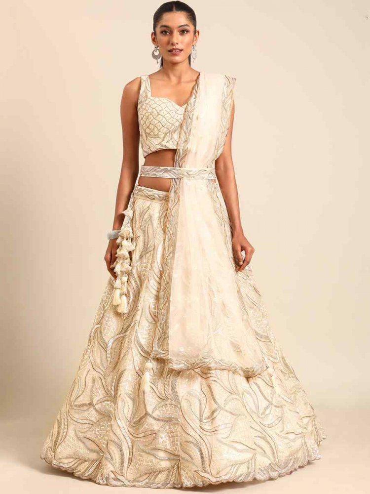 Cream Net Embroidered Bridesmaid Wedding Heavy Border Lehenga Choli