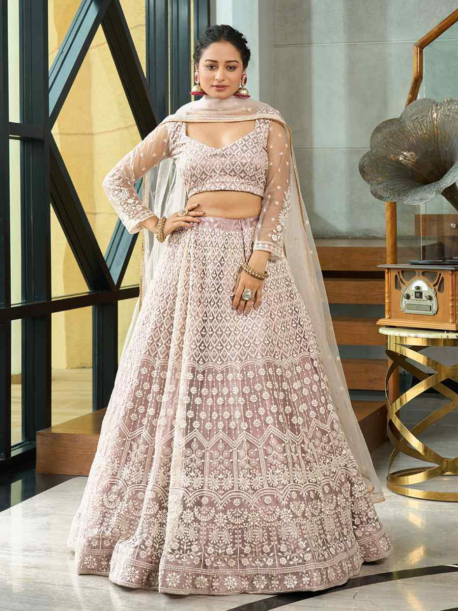 Cream Net Embroidered Wedding Party Wear Heavy Border Lehenga Choli