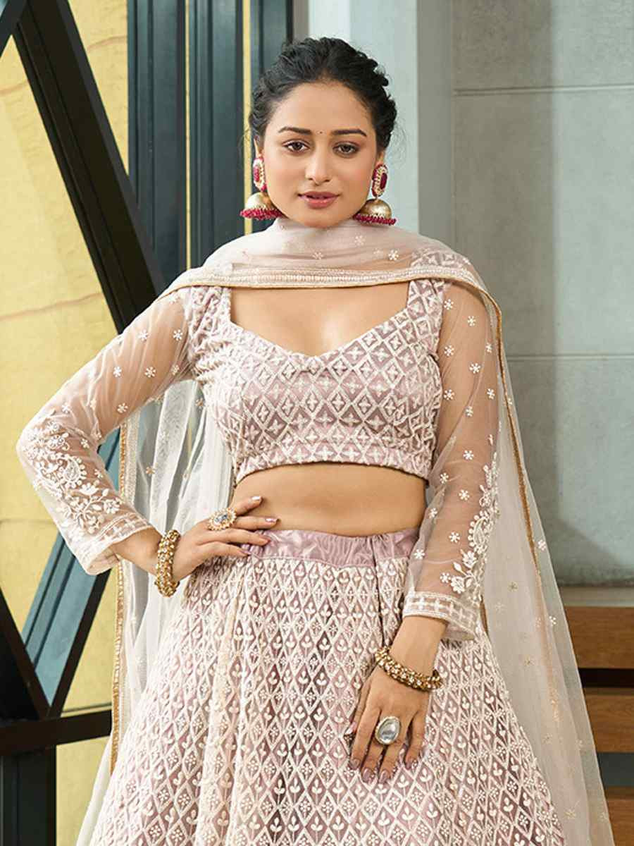 Cream Net Embroidered Wedding Party Wear Heavy Border Lehenga Choli