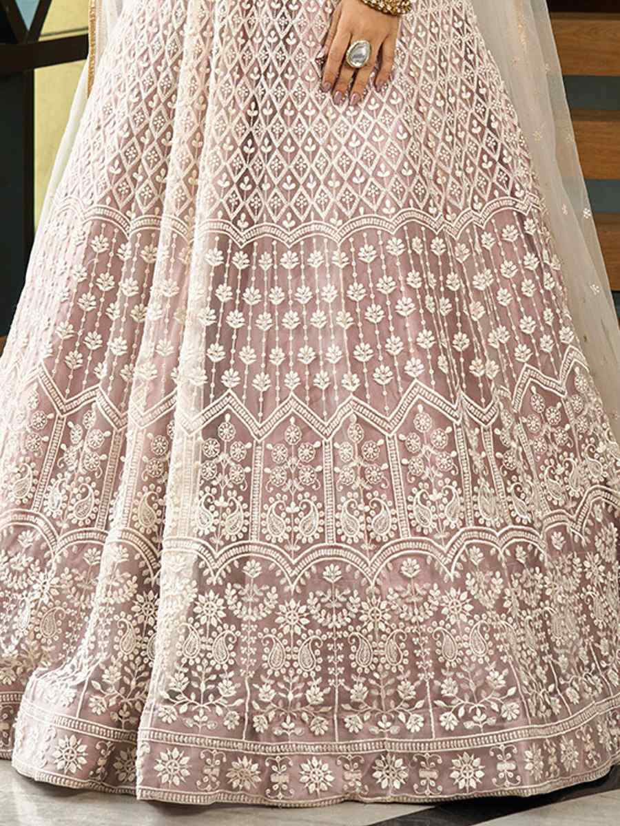 Cream Net Embroidered Wedding Party Wear Heavy Border Lehenga Choli