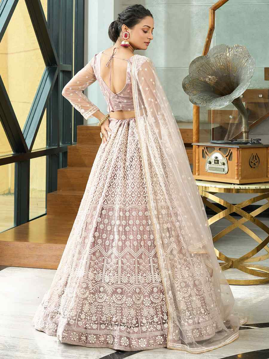 Cream Net Embroidered Wedding Party Wear Heavy Border Lehenga Choli