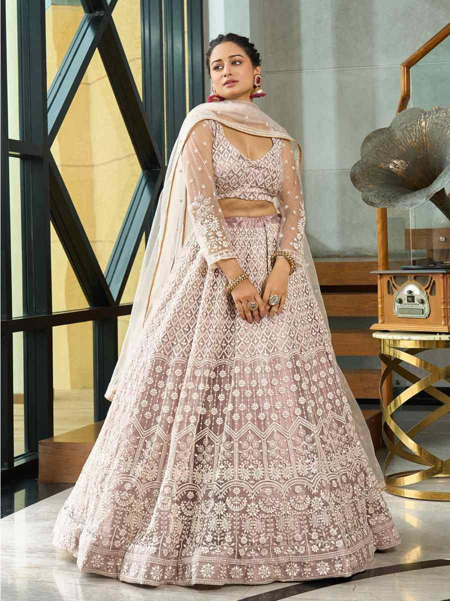 Cream Net Embroidered Wedding Party Wear Heavy Border Lehenga Choli