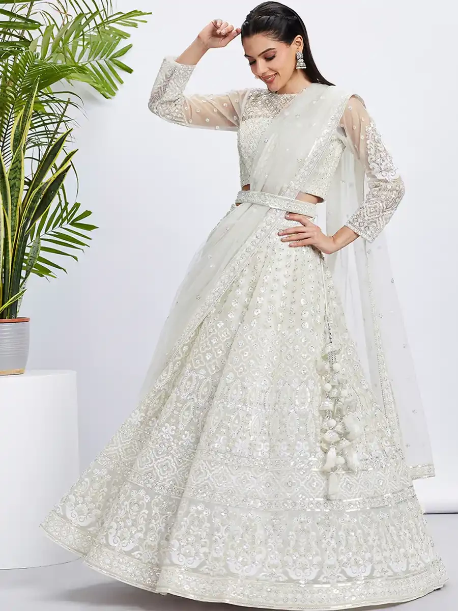 Cream Net Embroidery Reception Party Wear Heavy Border Lehenga Choli