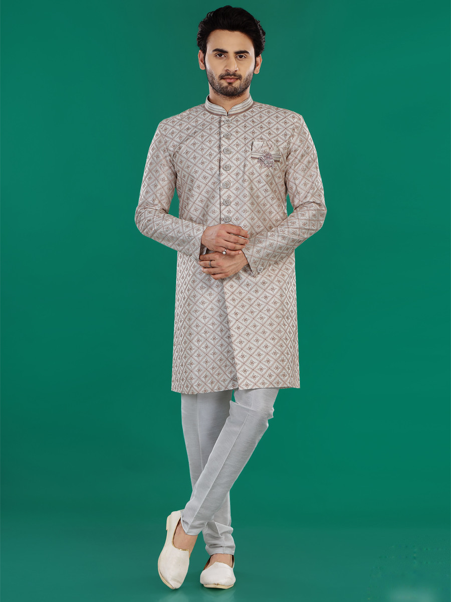 Cream Onion Art Silk Embroidered Party Wedding Kurta