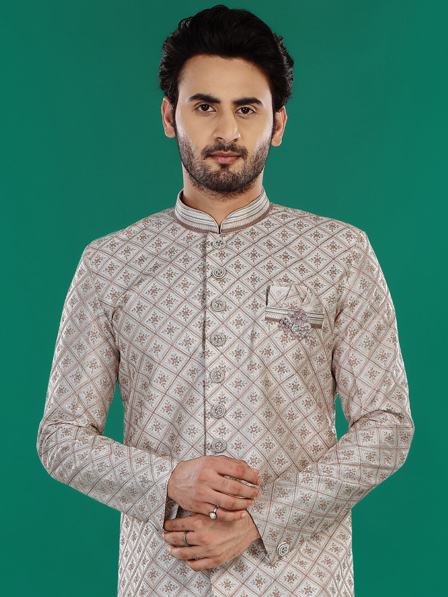 Cream Onion Art Silk Embroidered Party Wedding Kurta