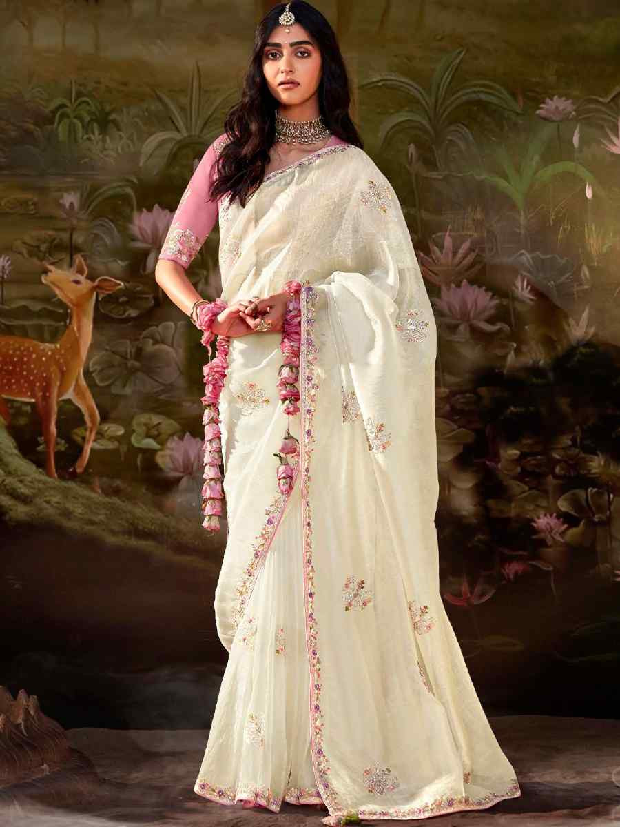 Cream Organza Chiffon Embroidered Reception Party Heavy Border Saree