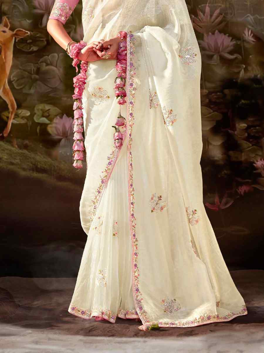 Cream Organza Chiffon Embroidered Reception Party Heavy Border Saree