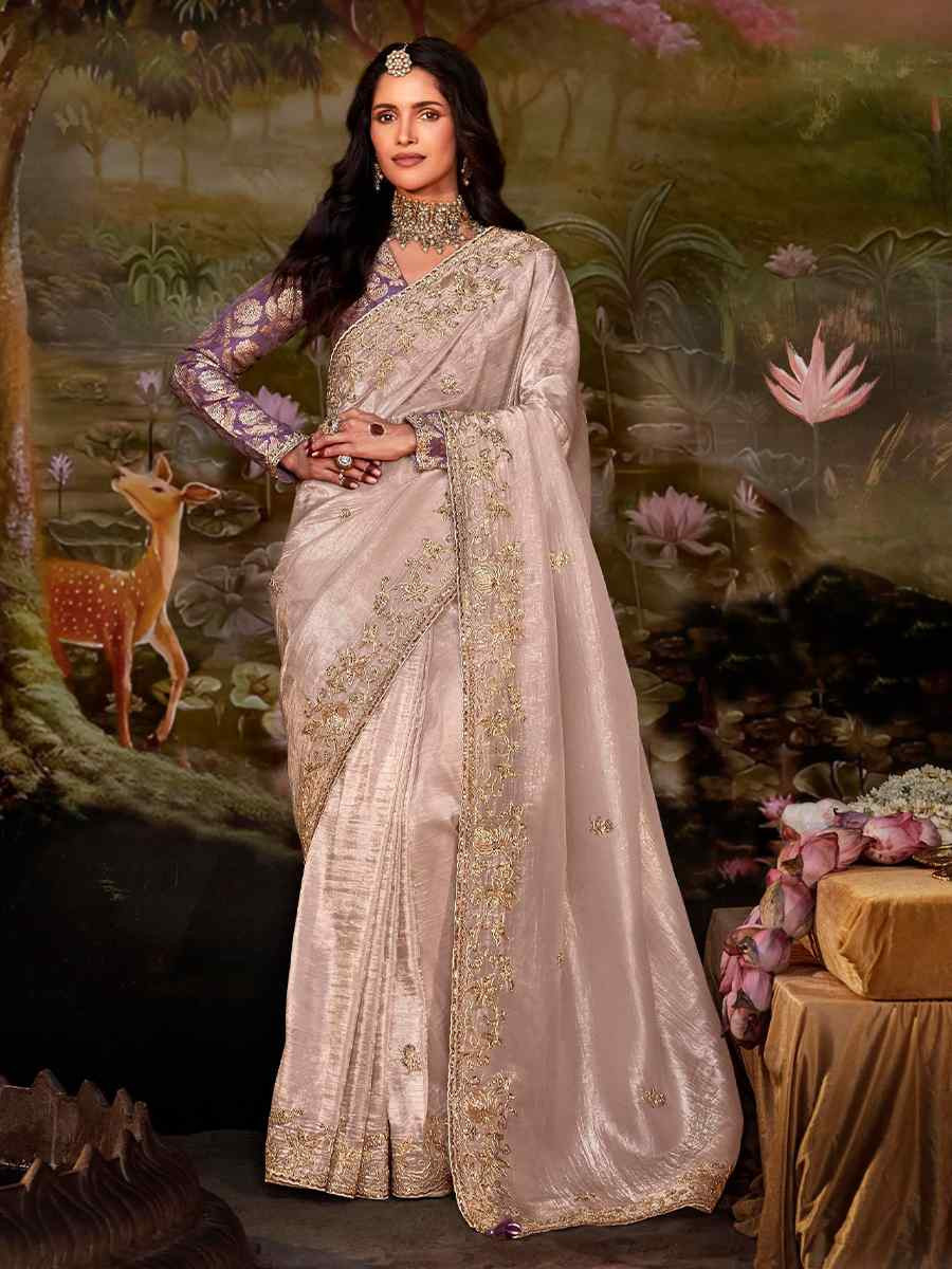 Cream Organza Chiffon Embroidered Reception Party Heavy Border Saree