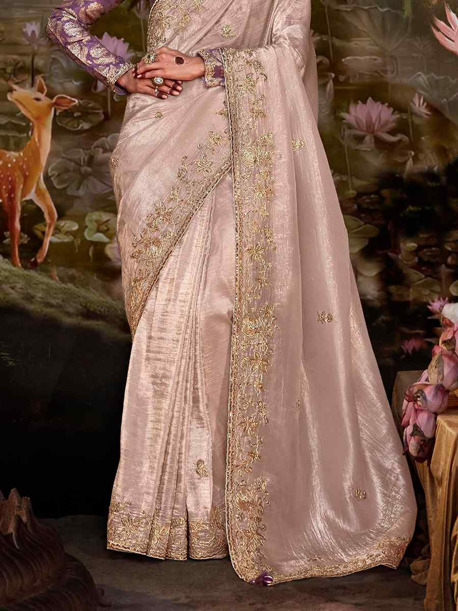 Cream Organza Chiffon Embroidered Reception Party Heavy Border Saree