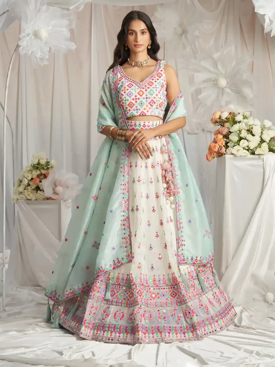 Cream Organza Embroidered Wedding Bridesmaid Heavy Border Lehenga Choli