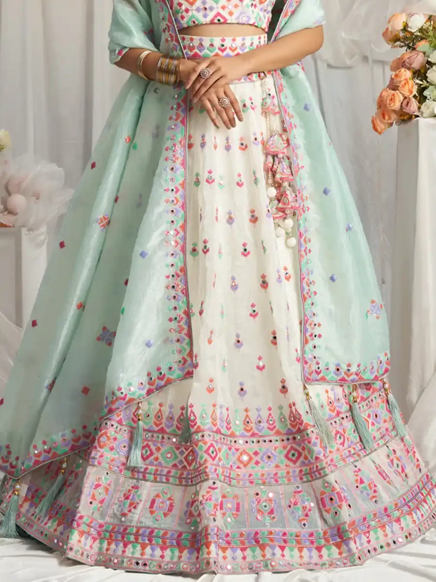 Cream Organza Embroidered Wedding Bridesmaid Heavy Border Lehenga Choli