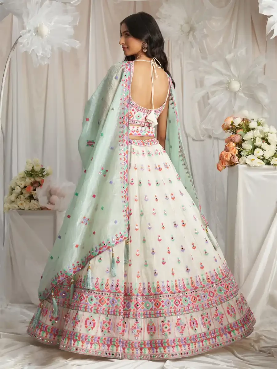 Cream Organza Embroidered Wedding Bridesmaid Heavy Border Lehenga Choli