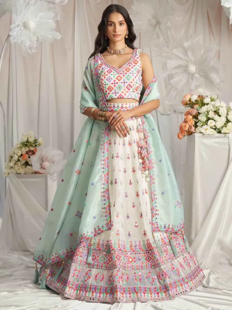 Cream Organza Embroidered Wedding Bridesmaid Heavy Border Lehenga Choli