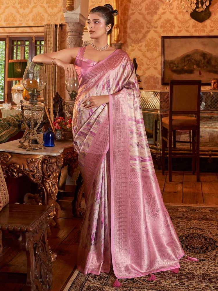 Cream Pink Soft Silk Handwoven Wedding Festival Heavy Border Saree