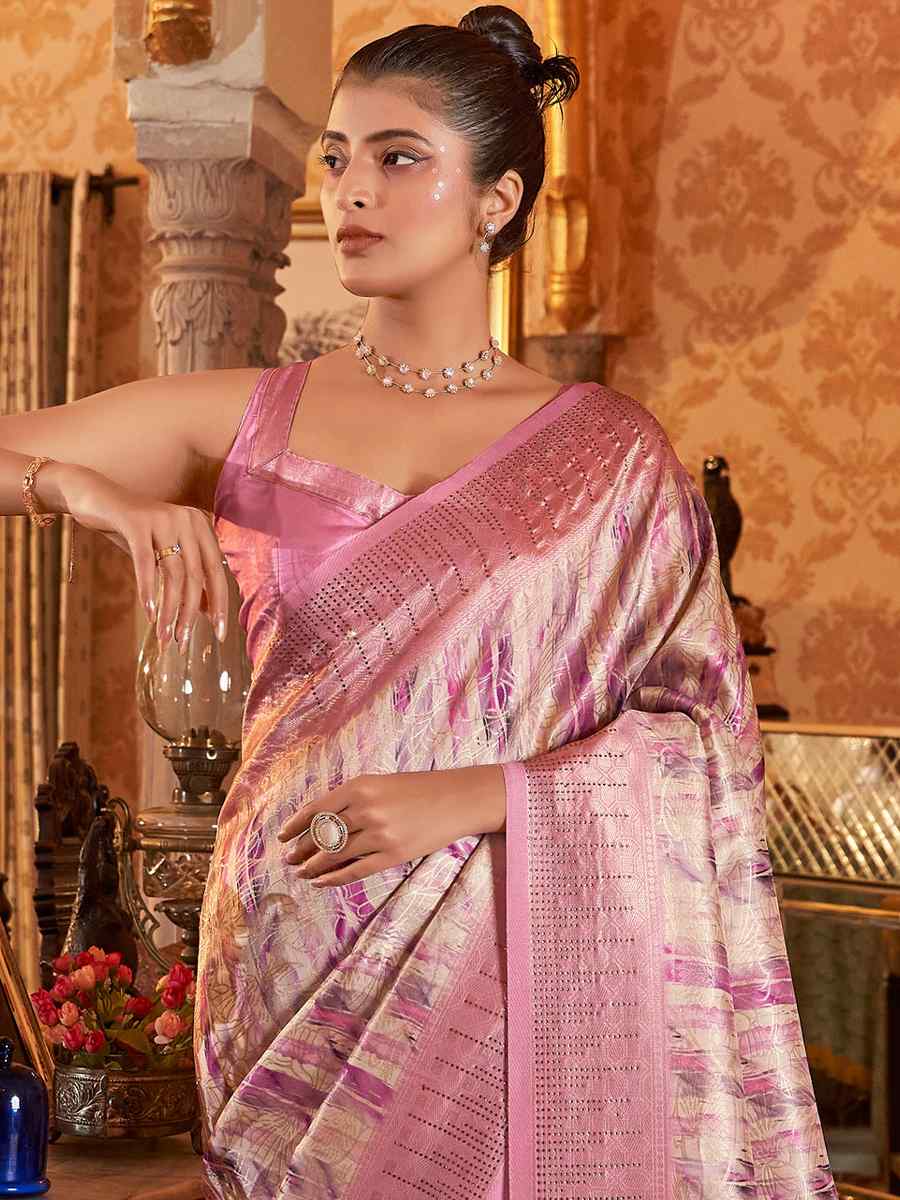 Cream Pink Soft Silk Handwoven Wedding Festival Heavy Border Saree