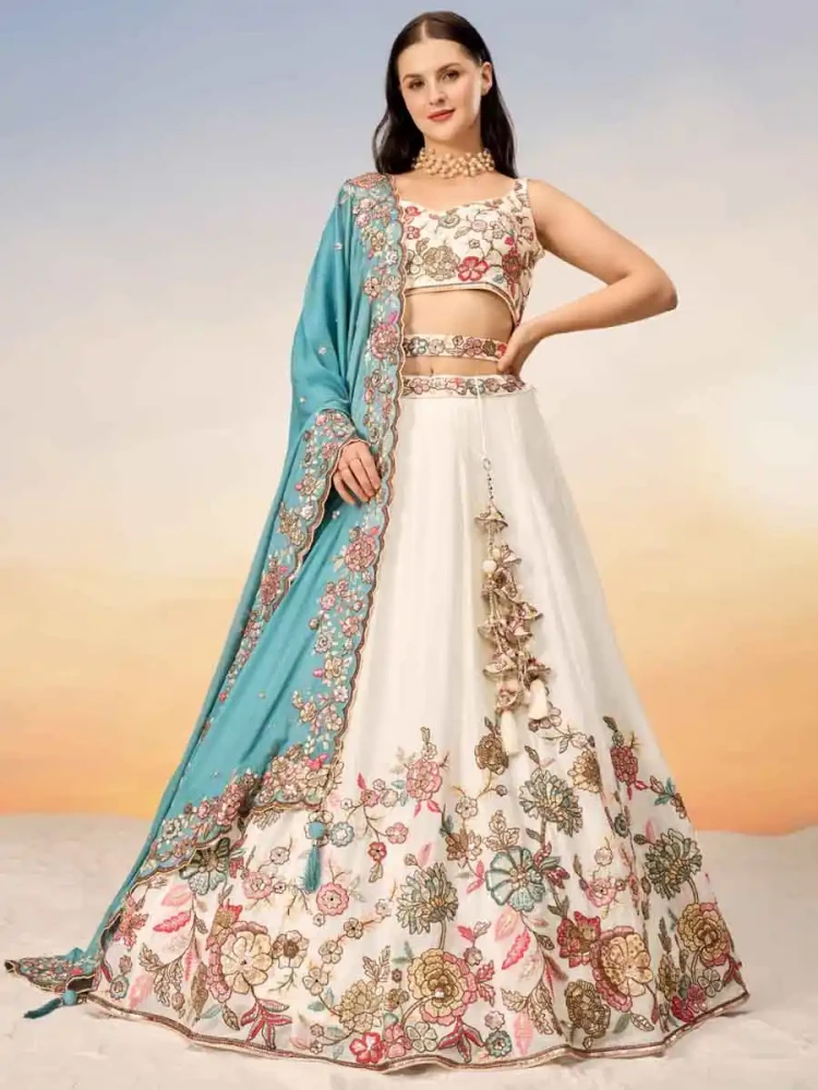 Cream Poly Georgette Embroidery Reception Party Wear Heavy Border Lehenga Choli