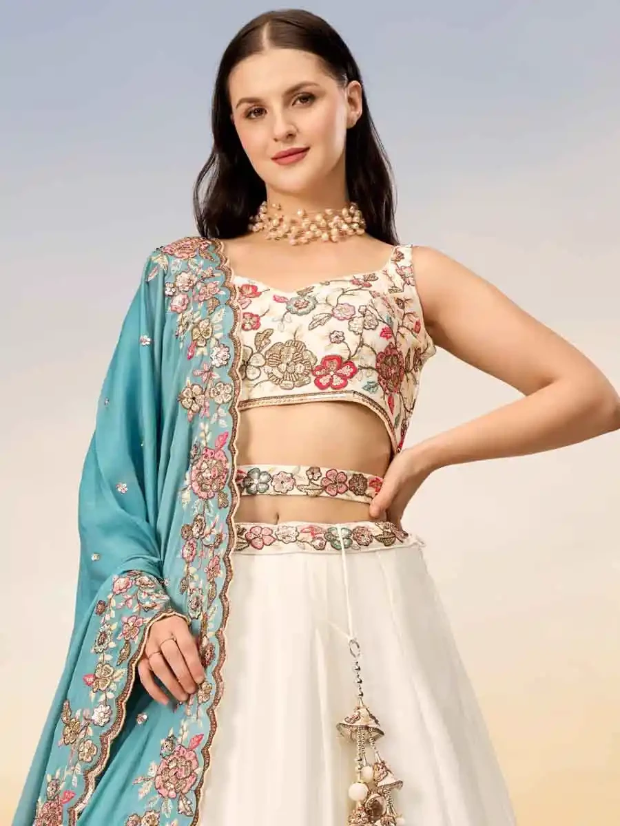 Cream Poly Georgette Embroidery Reception Party Wear Heavy Border Lehenga Choli