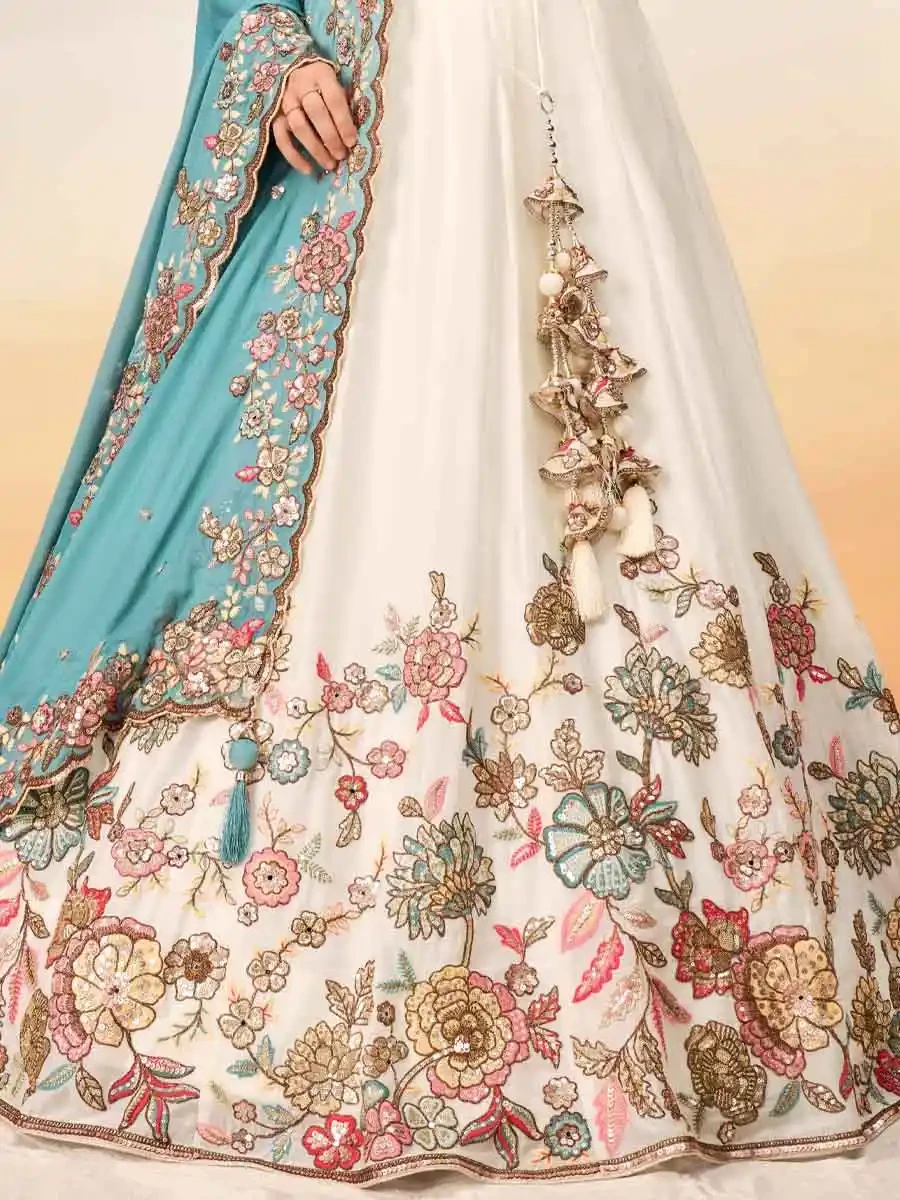 Cream Poly Georgette Embroidery Reception Party Wear Heavy Border Lehenga Choli