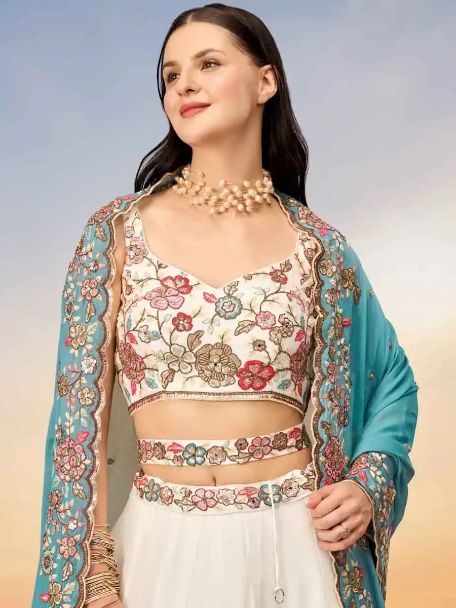 Cream Poly Georgette Embroidery Reception Party Wear Heavy Border Lehenga Choli