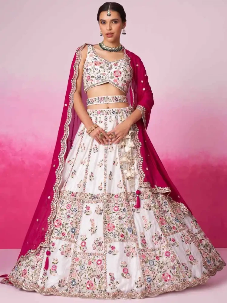 Cream Poly Georgette Embroidery Reception Wedding Heavy Border Lehenga Choli