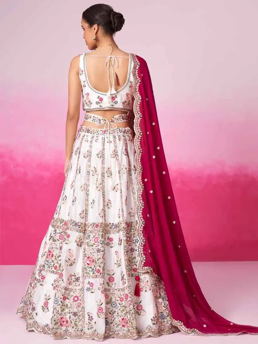 Cream Poly Georgette Embroidery Reception Wedding Heavy Border Lehenga Choli