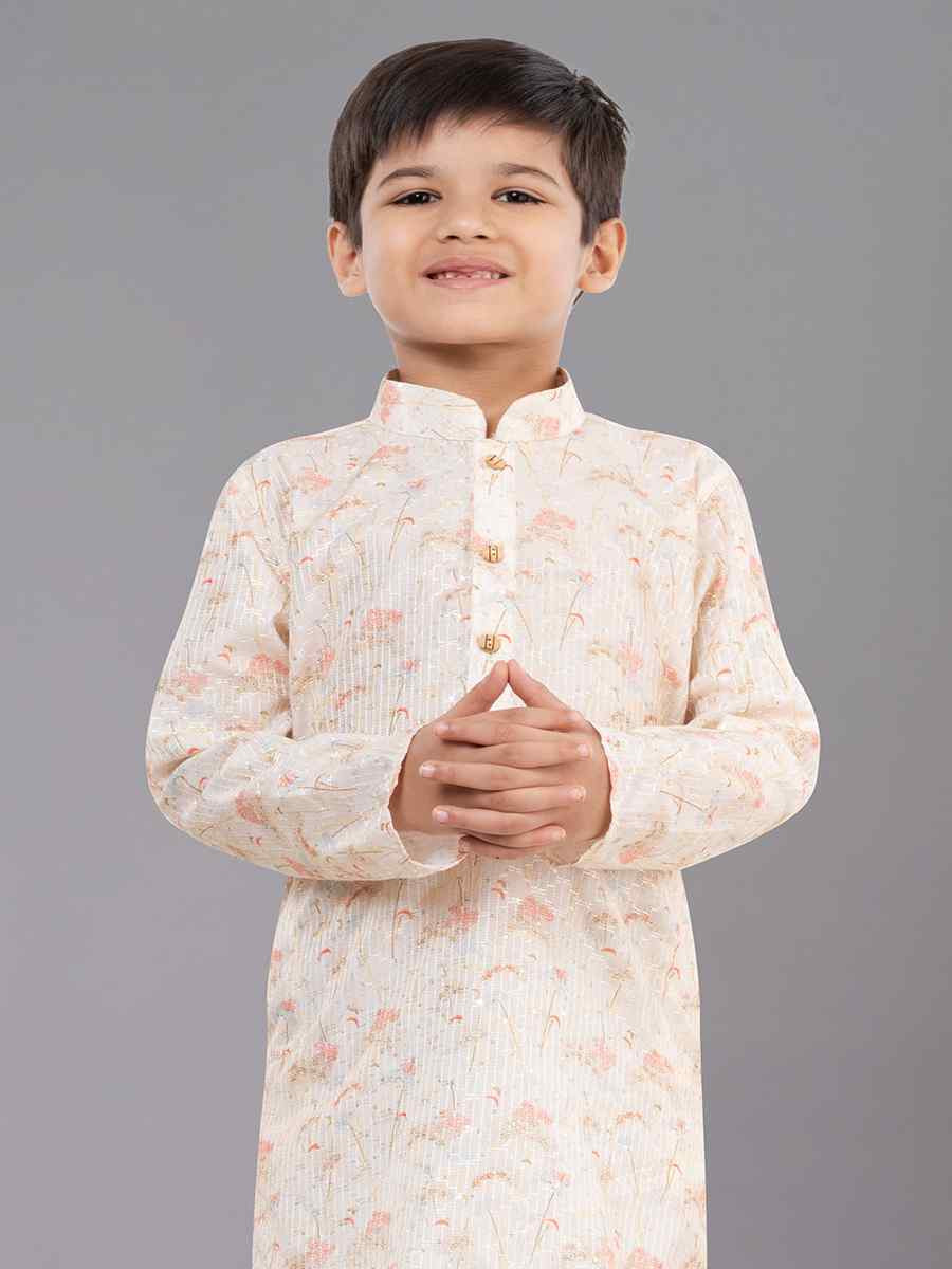 Cream Polyester Mono Embroidered Festival Traditional Kurta Pyjama Boys Wear