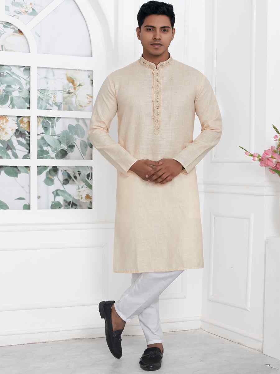 Cream Premium Linen Cotton Plain Festival Casual Kurta