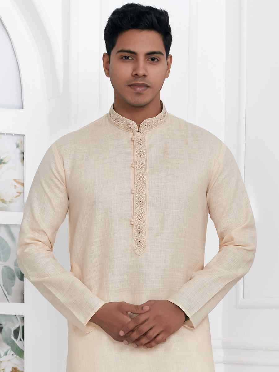 Cream Premium Linen Cotton Plain Festival Casual Kurta