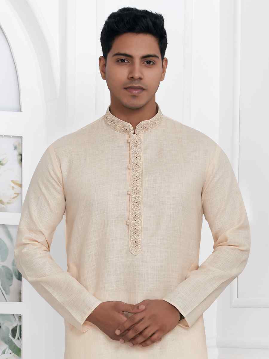 Cream Premium Linen Cotton Plain Festival Casual Kurta