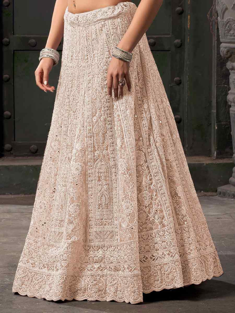 Cream Premium Net Embroidered Reception Party Wear Heavy Border Lehenga Choli