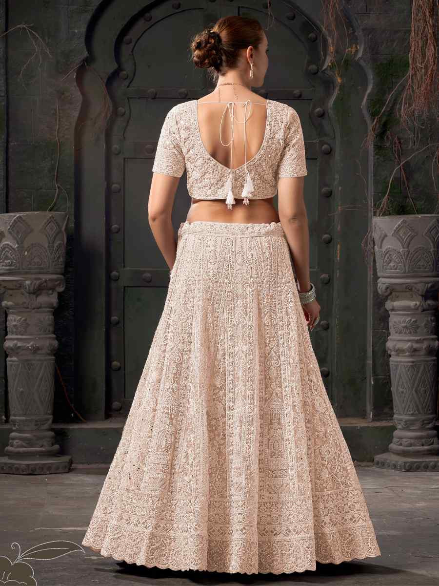 Cream Premium Net Embroidered Reception Party Wear Heavy Border Lehenga Choli