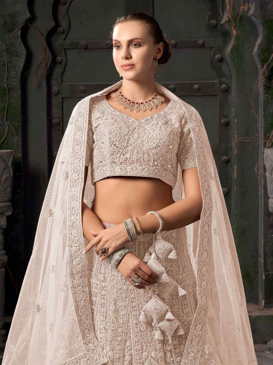 Cream Premium Net Embroidered Reception Party Wear Heavy Border Lehenga Choli