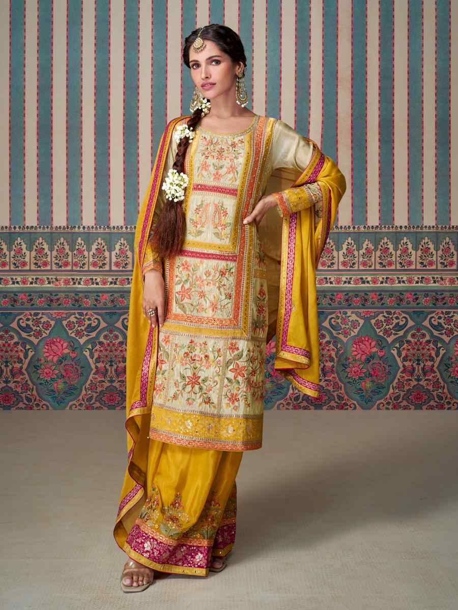 Cream Premium Simar Silk Embroidered Festival Wedding Palazzo Pant Salwar Kameez