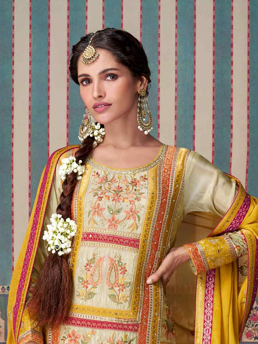 Cream Premium Simar Silk Embroidered Festival Wedding Palazzo Pant Salwar Kameez