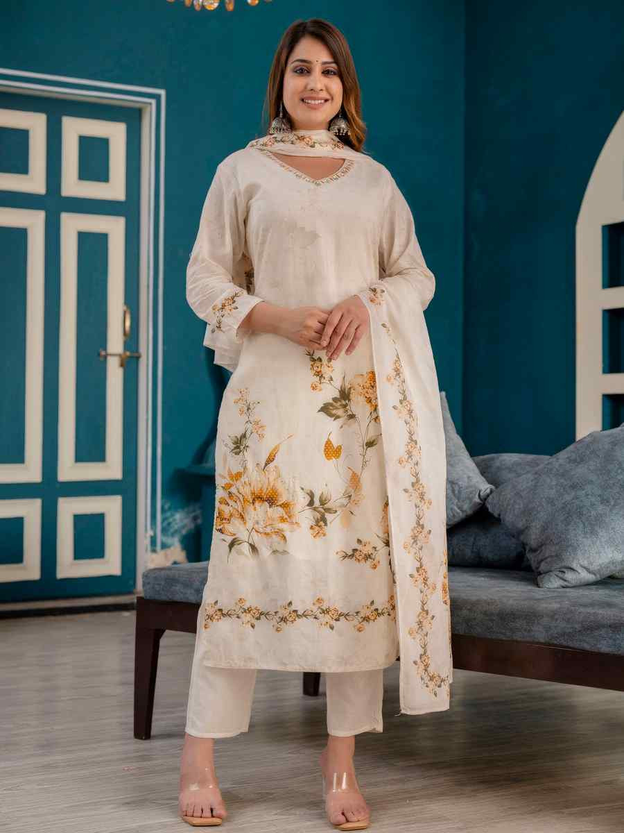 Cream Pure Cotton Cambric Handwoven Festival Casual Ready Anarkali Salwar Kameez