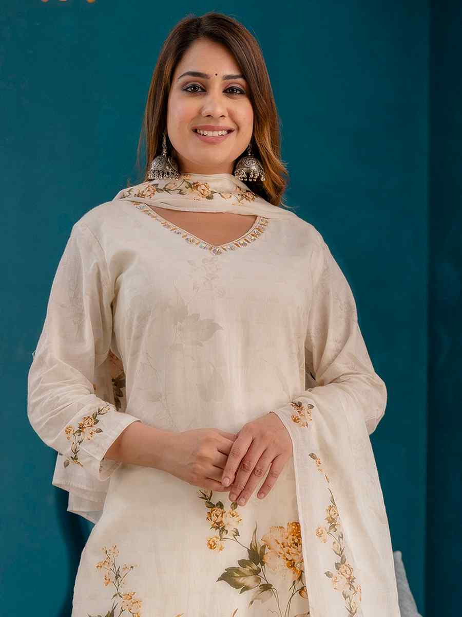 Cream Pure Cotton Cambric Handwoven Festival Casual Ready Anarkali Salwar Kameez