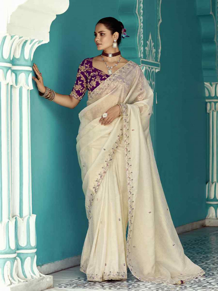 Cream Pure fancy Silk Embroidered Bridesmaid Reception Heavy Border Saree