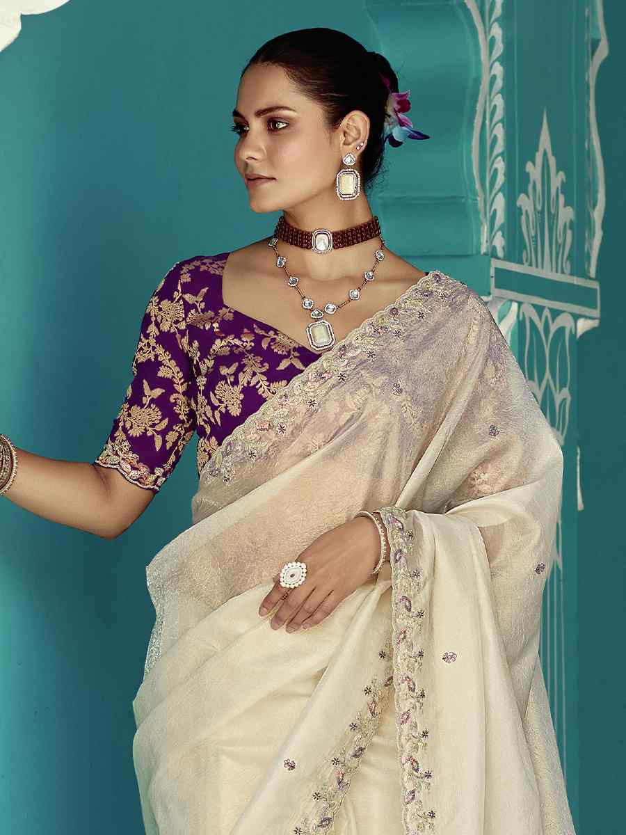 Cream Pure fancy Silk Embroidered Bridesmaid Reception Heavy Border Saree