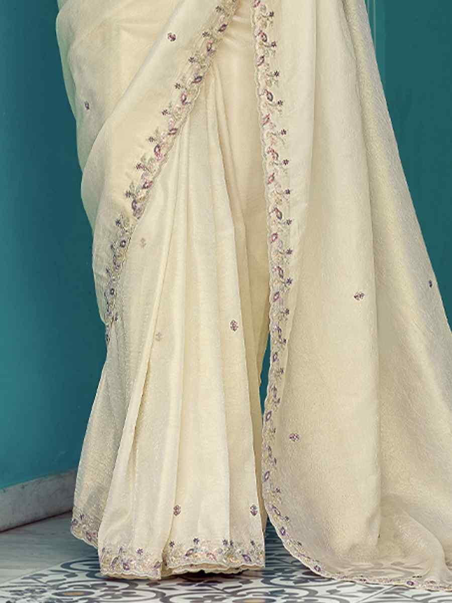 Cream Pure fancy Silk Embroidered Bridesmaid Reception Heavy Border Saree