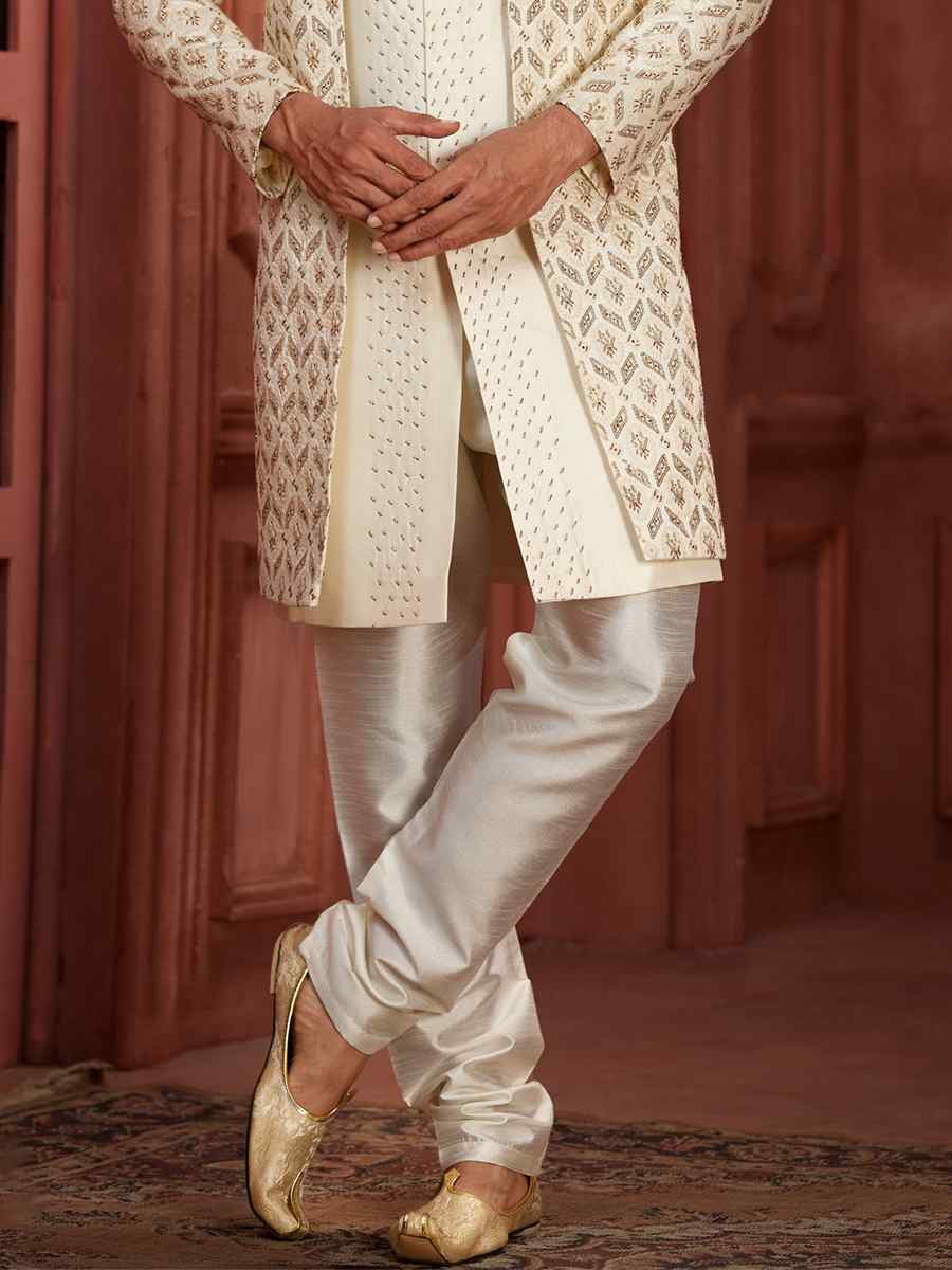 Cream Pure Silk Embroidered Groom Wedding Sherwani