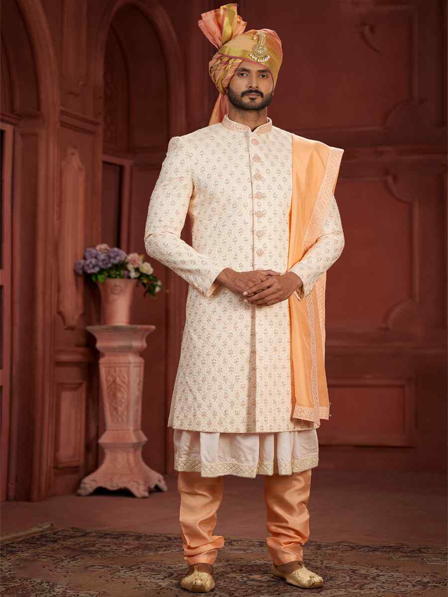 Cream Pure Silk Embroidered Groom Wedding Sherwani