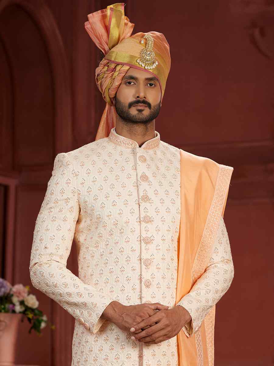 Cream Pure Silk Embroidered Groom Wedding Sherwani