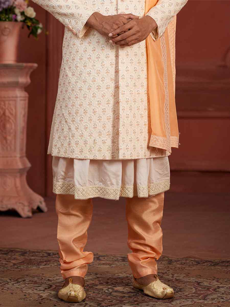 Cream Pure Silk Embroidered Groom Wedding Sherwani