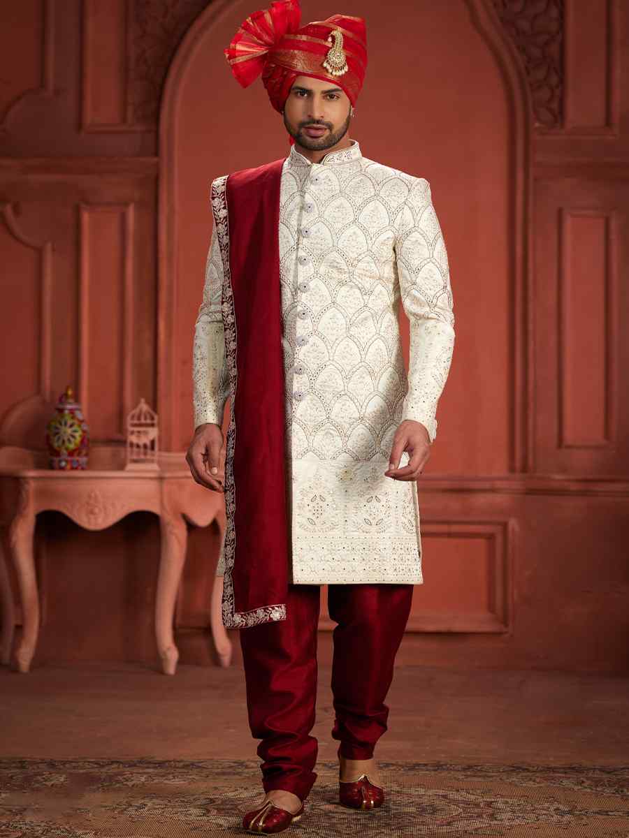 Cream Pure Silk Embroidered Groom Wedding Sherwani