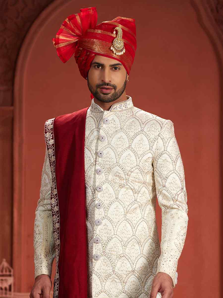 Cream Pure Silk Embroidered Groom Wedding Sherwani