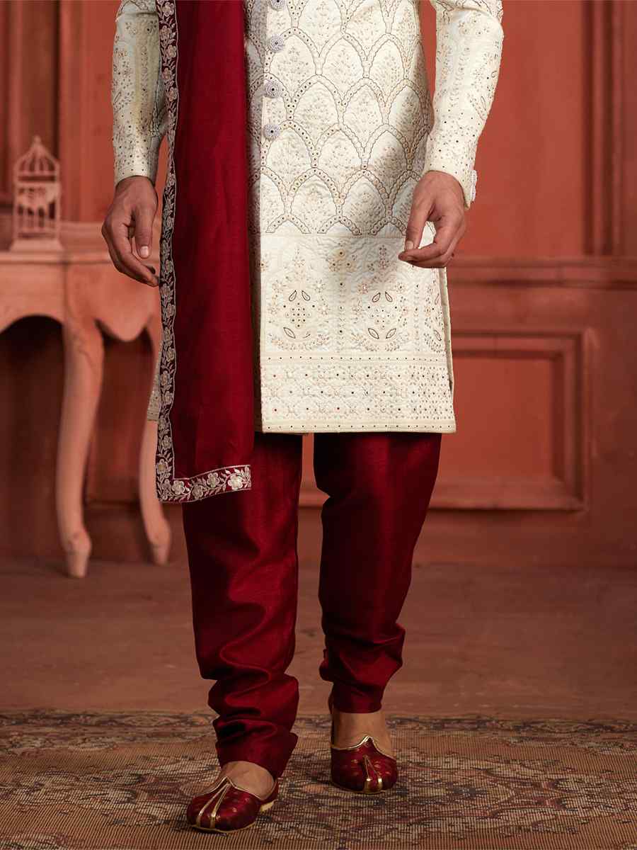 Cream Pure Silk Embroidered Groom Wedding Sherwani