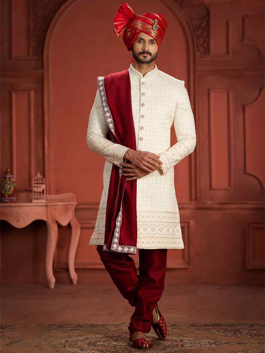 Cream Pure Silk Embroidered Groom Wedding Sherwani