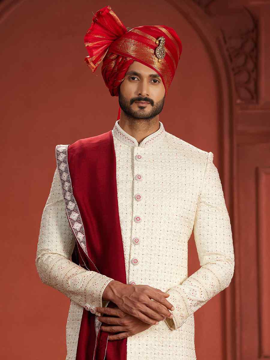 Cream Pure Silk Embroidered Groom Wedding Sherwani